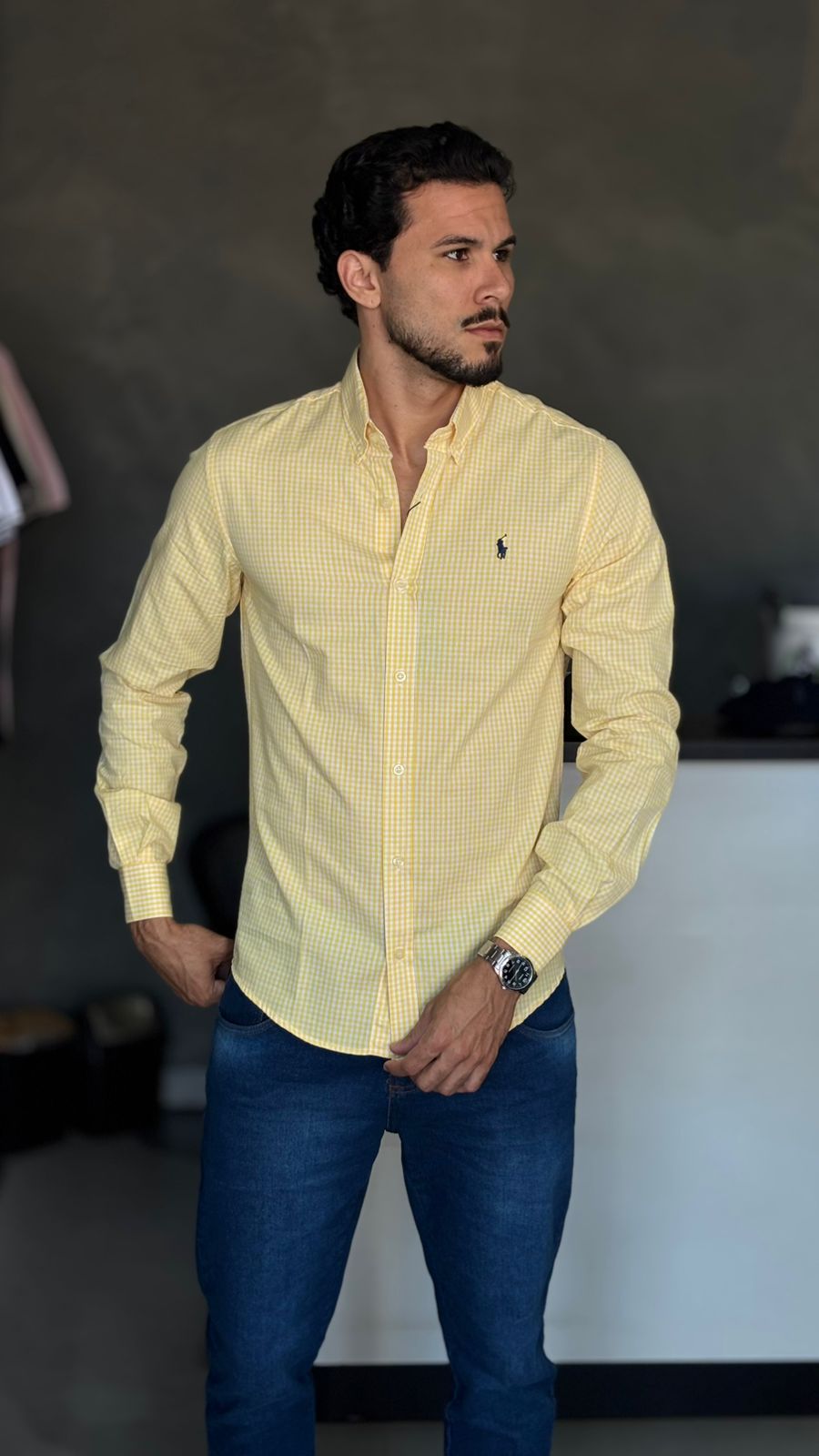 CAMISA XADREZ MANGA LONGA AMARELA COM BRANCO – CUSTOM FIT