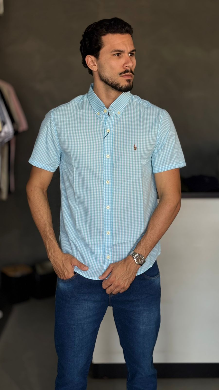 CAMISA XADREZ MANGA CURTA AZUL CLARO – CUSTOM FIT