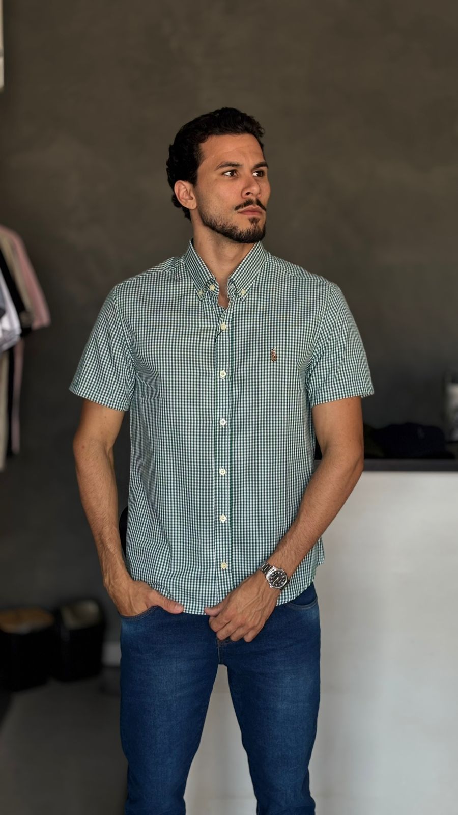 CAMISA XADREZ MANGA CURTA VERDE COM BRANCO – CUSTOM FIT