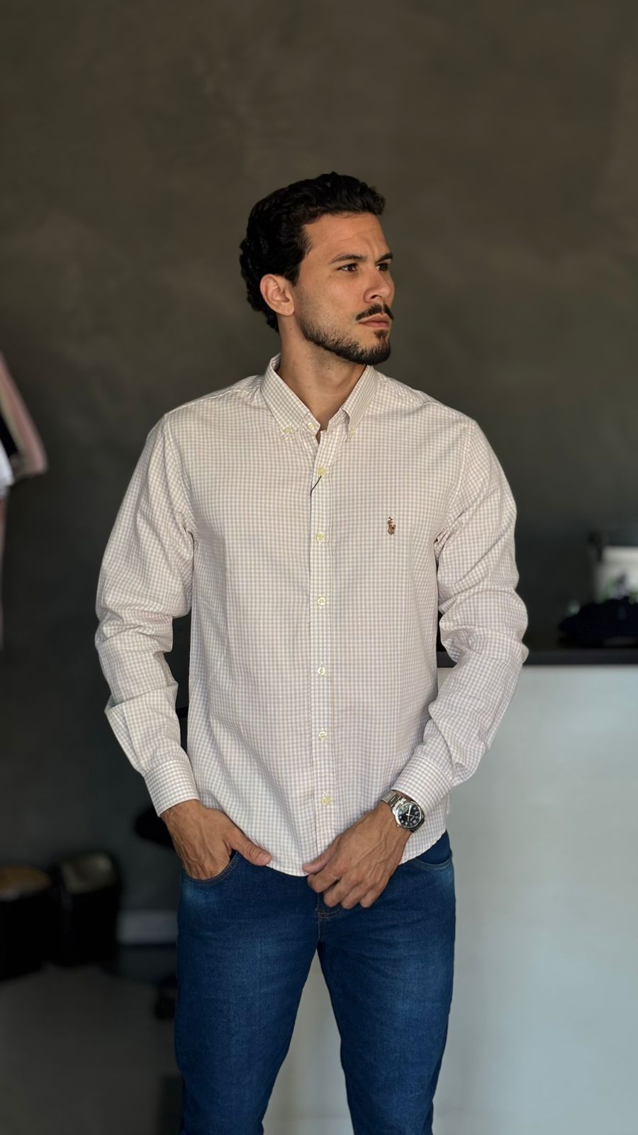 CAMISA XADREZ MANGA LONGA BEGE COM BRANCO – CUSTOM FIT