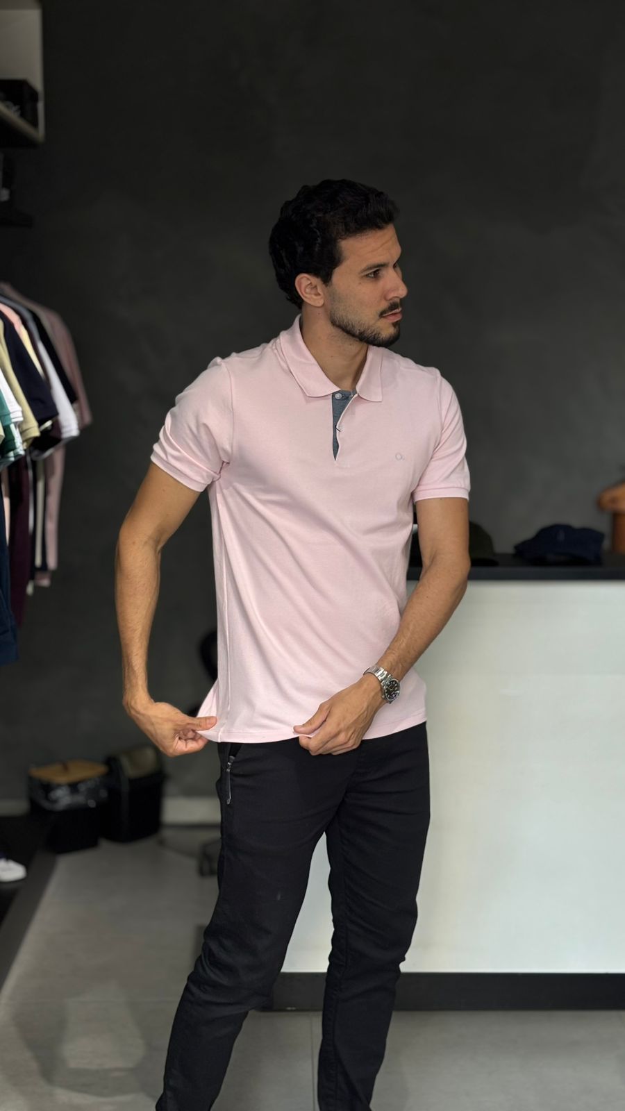 Camisa Polo Masculina Rosa em Piquet