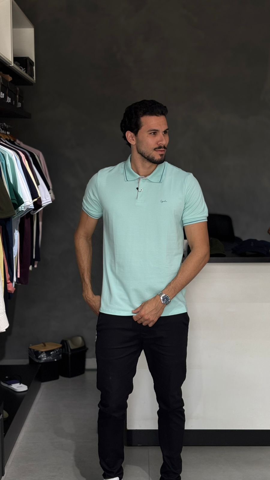 Camisa Polo Masculina Verde Água com Detalhes em Azul