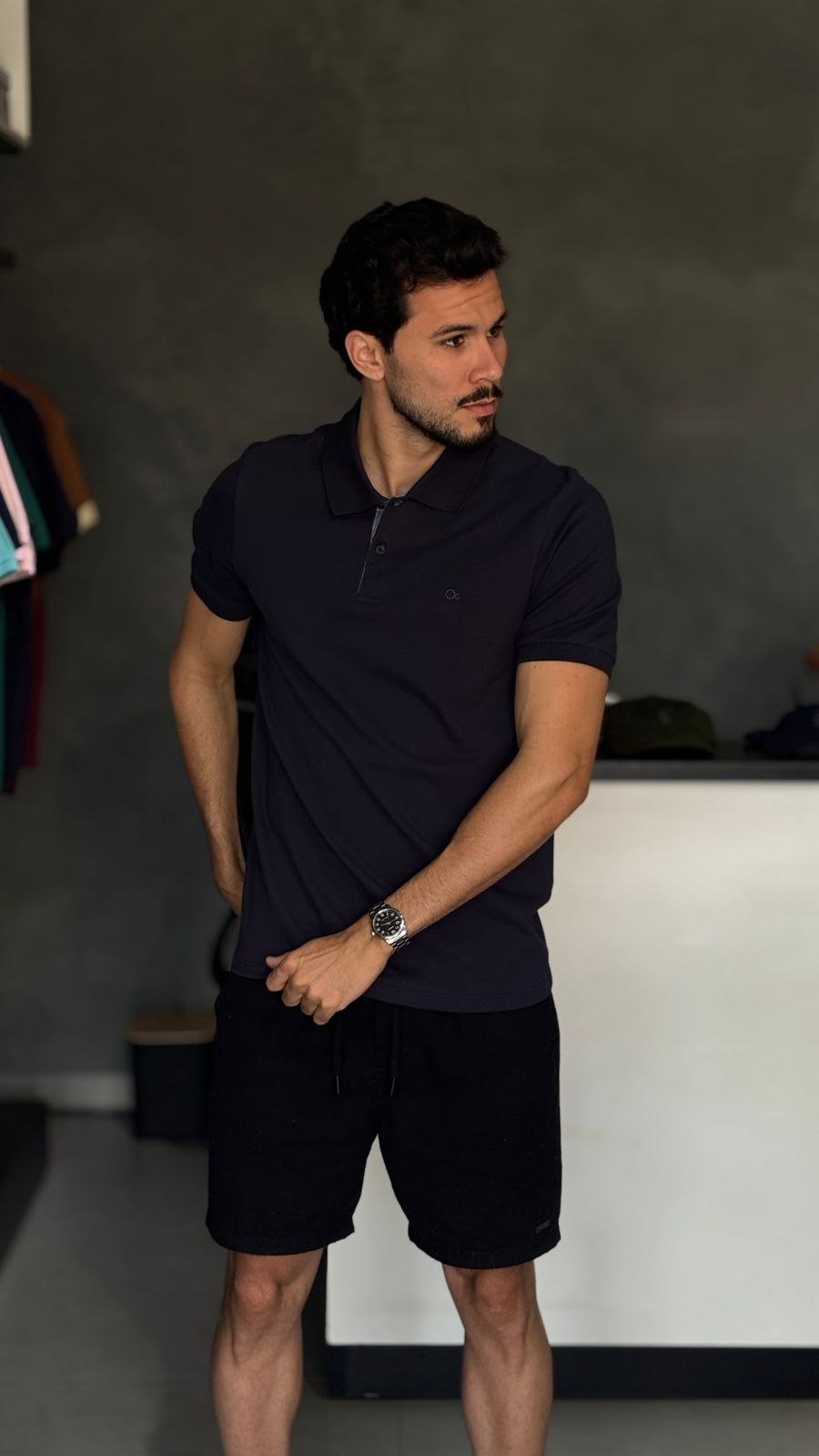 Camisa Polo Masculina Azul Marinho em Piquet